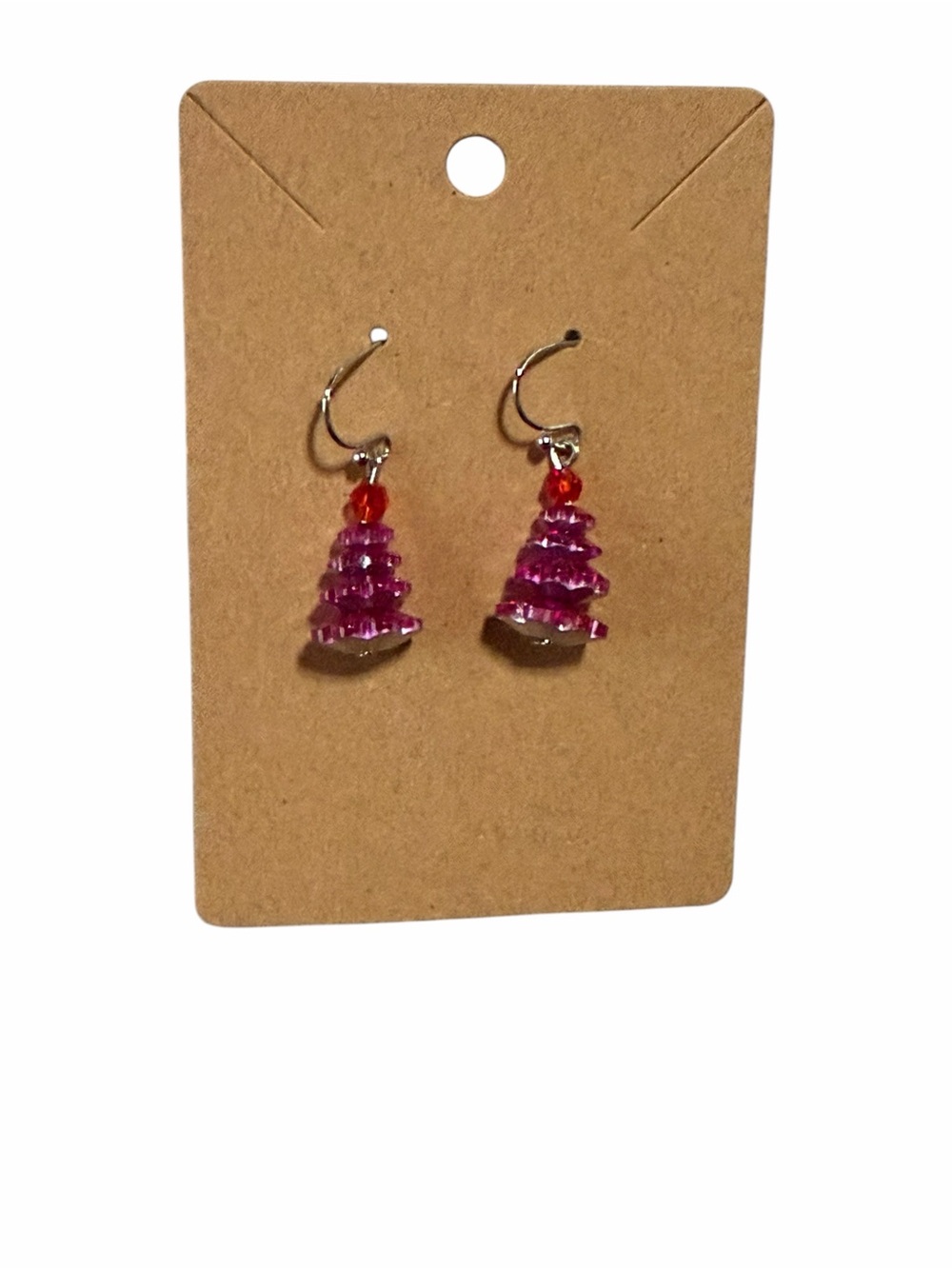 Pink Beaded Holiday Tree Dangle Earrings - Unbranded